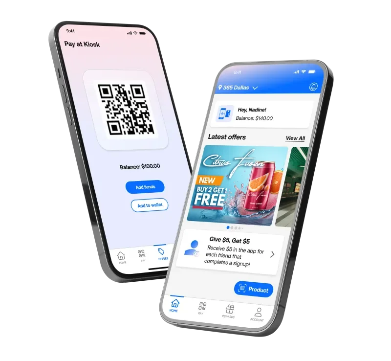 Two smartphones displaying digital wallet and payment app screens. The left phone shows a QR code for payment with a balance of $100, and options to add funds or add to wallet. The right phone displays a personalized greeting, latest offers including a buy 2 get 1 free promotion on a beverage, and a reward for inviting friends.