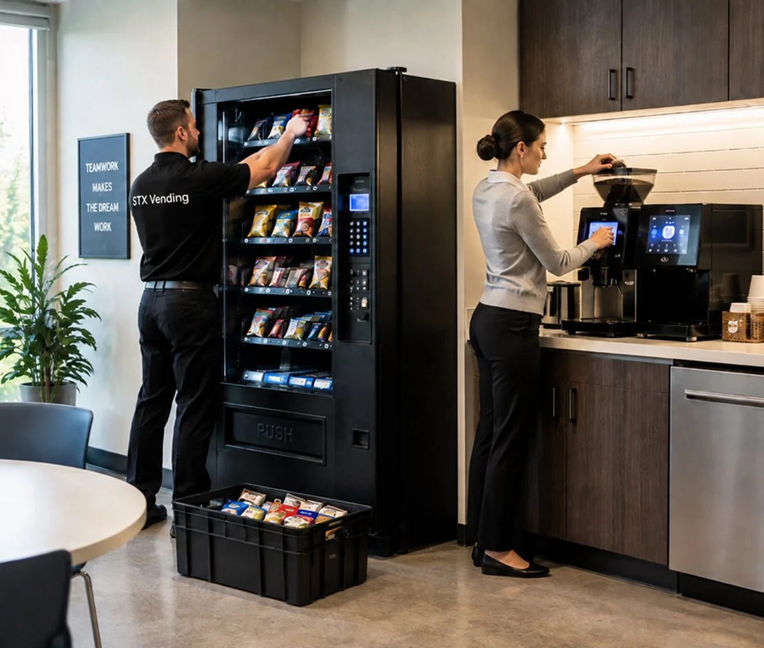 A man and woman in business attire in a break room, with the man selecting snacks from a vending machine and the woman operating a coffee machine.