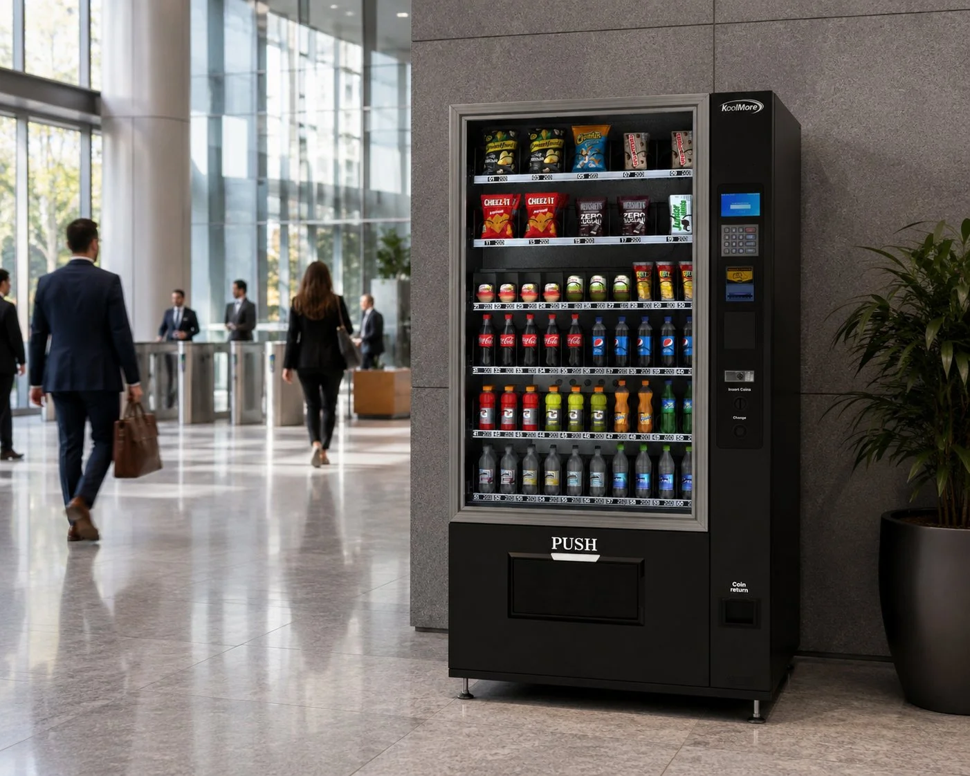 Vending machine in a modern office lobby with business people walking by