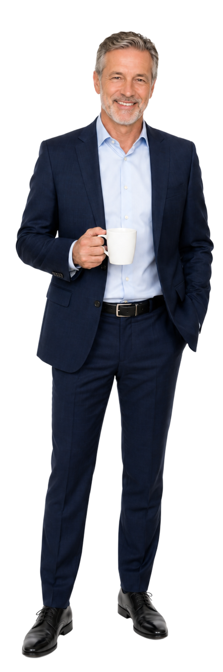 A middle-aged man in a navy blue suit holding a white coffee mug, smiling, with gray hair and beard, standing against a plain background.