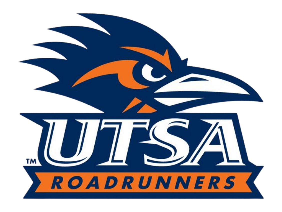 Logo of the University of Texas at San Antonio Roadrunners featuring a stylized roadrunner bird head in navy blue and orange with the word "UTSA" and a banner reading "Roadrunners"
