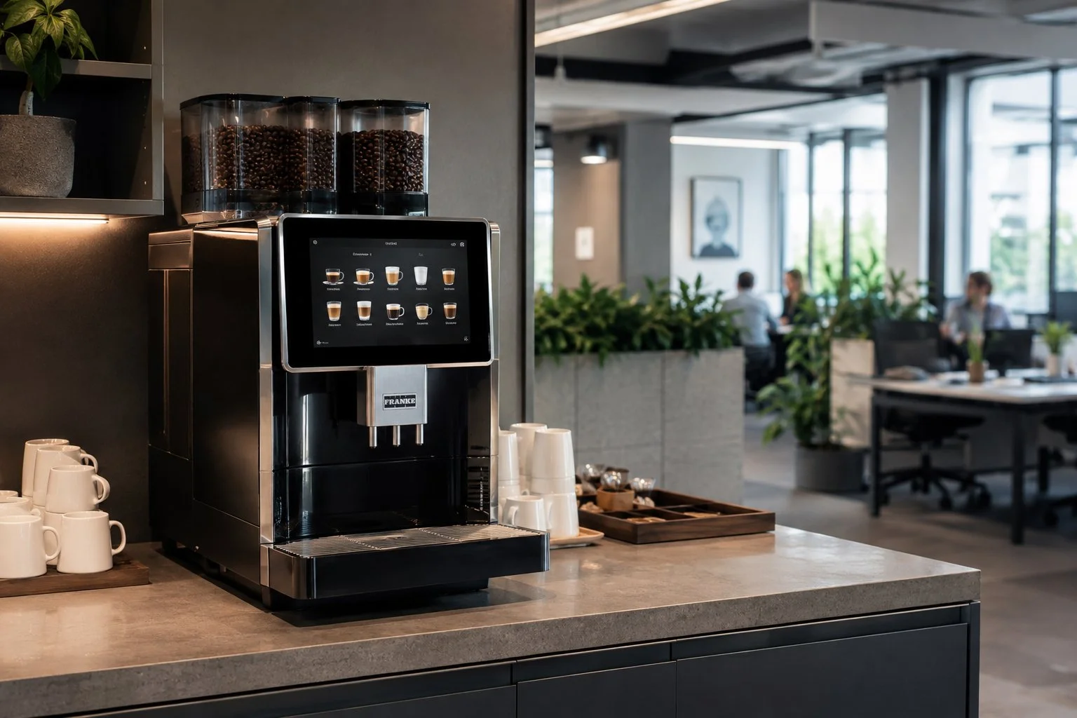 Coffee machine on a countertop in a modern office or cafe setting with cups and beans nearby, and people working in the background.