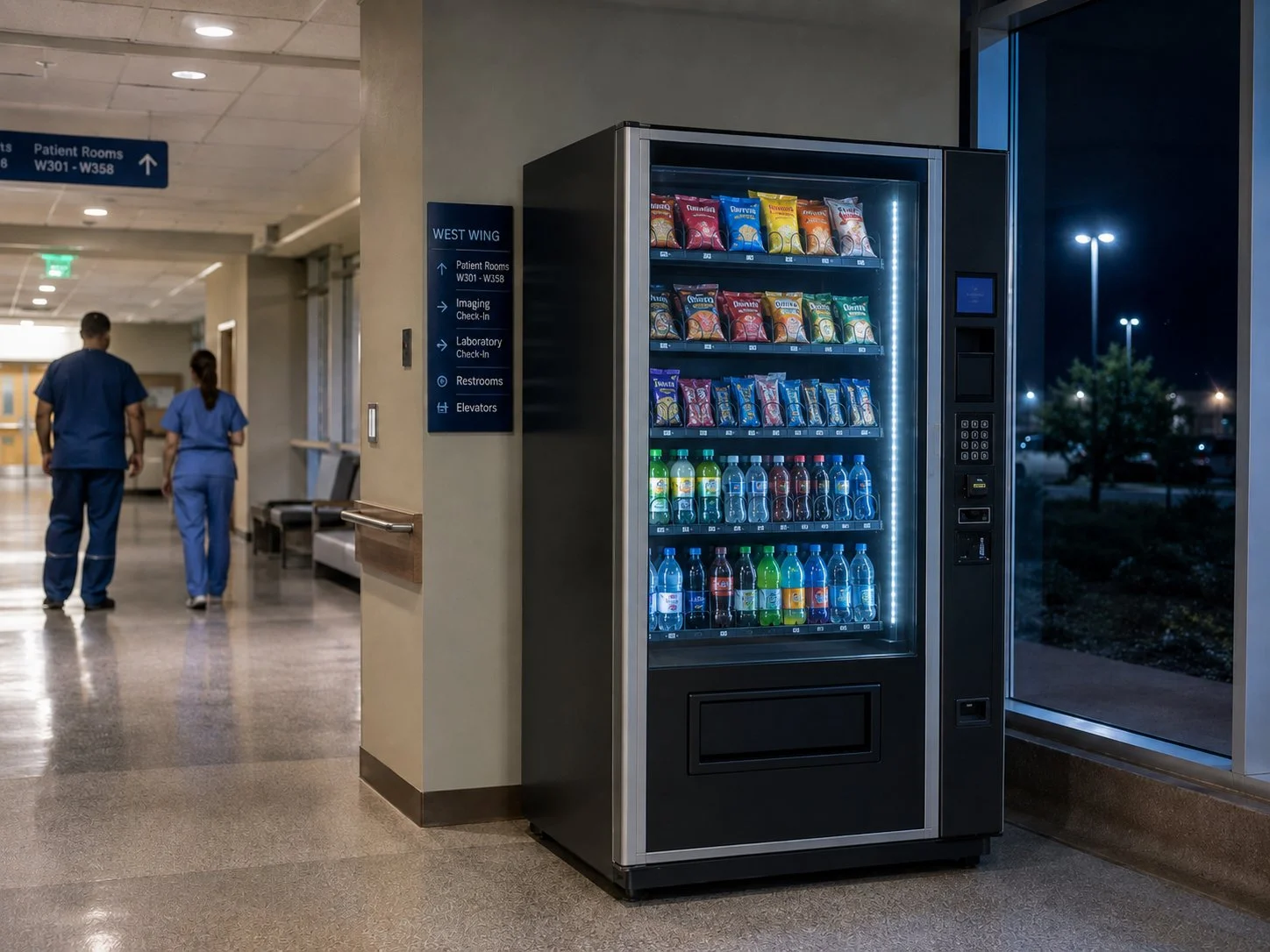 Vending machine with snacks and beverages inside a hospital corridor. Two healthcare workers walking away in the background, signage indicating patient rooms and departments.