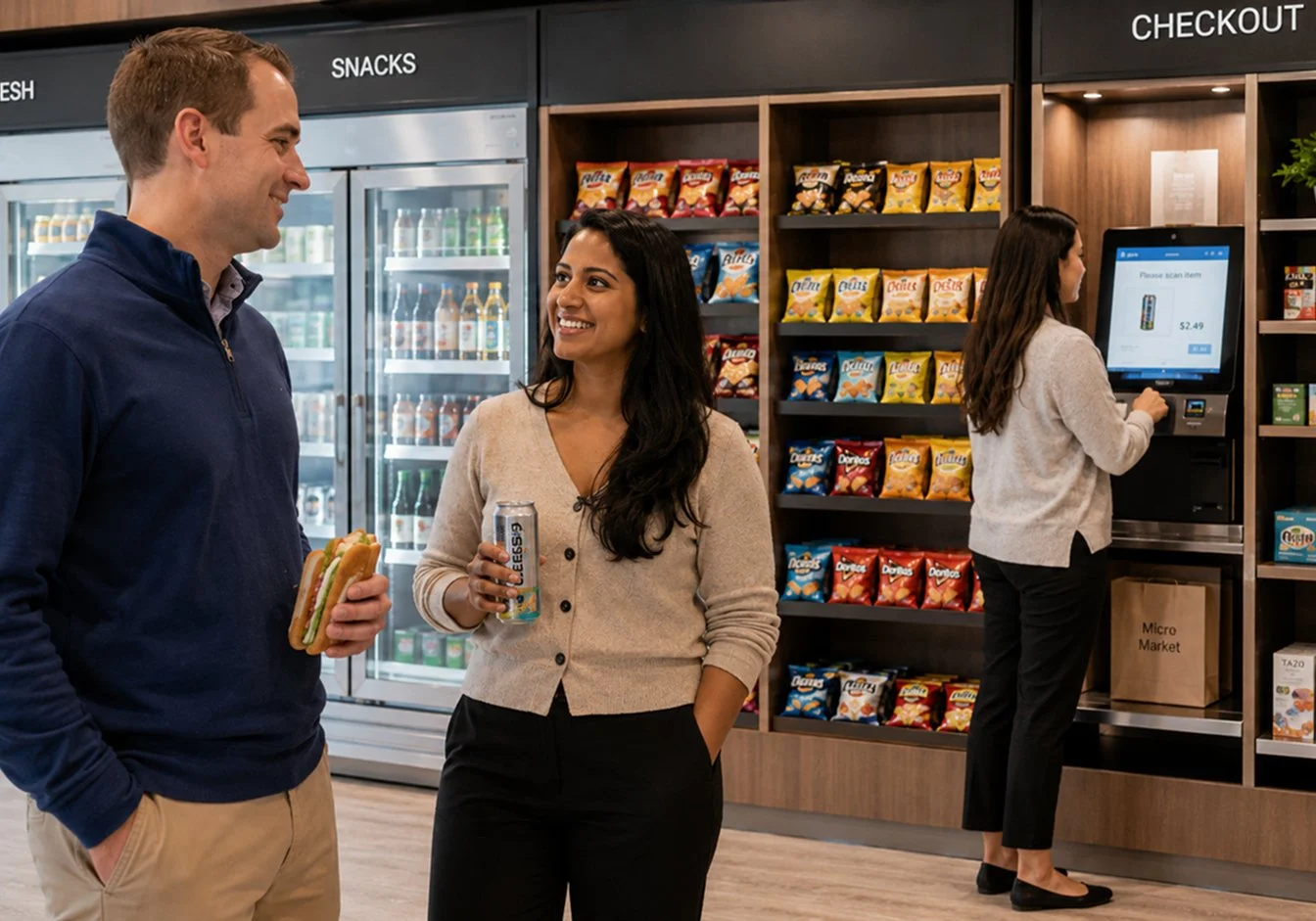 Two people, a man and a woman, are talking in a convenience store. The man holds a hot dog, and the woman holds a canned drink. In the background, a woman is using a self-checkout kiosk.