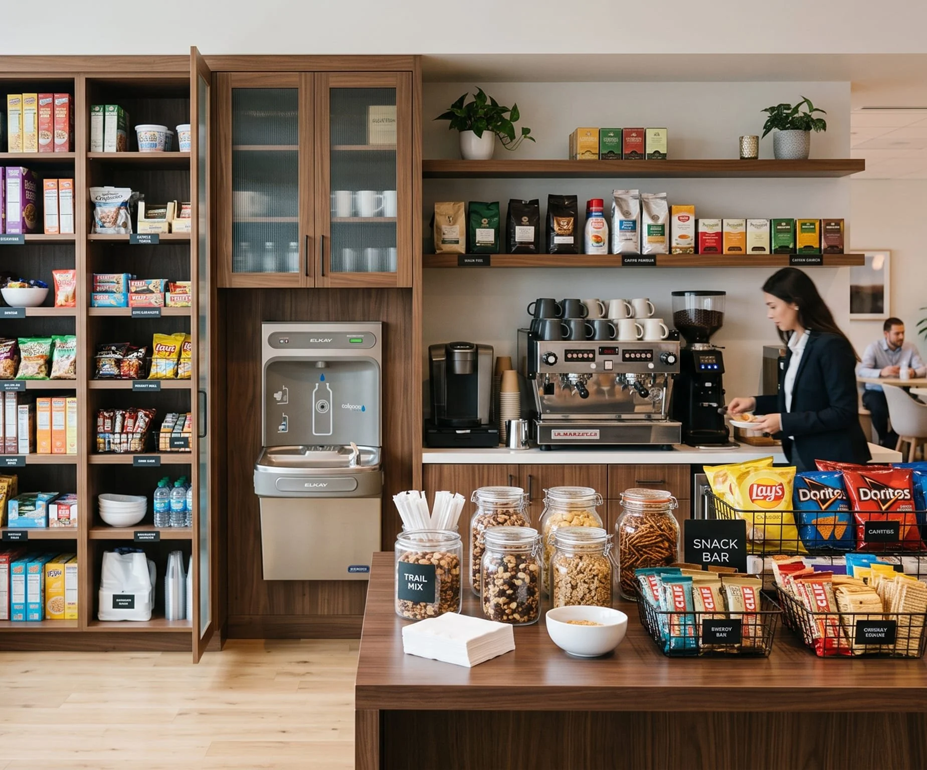 Inside a coffee shop, a barista takes an order at the counter, shelves display various snacks and beverages, jars contain trail mix and cookies, coffee cups and a commercial espresso machine are visible, and patrons sit in the background.