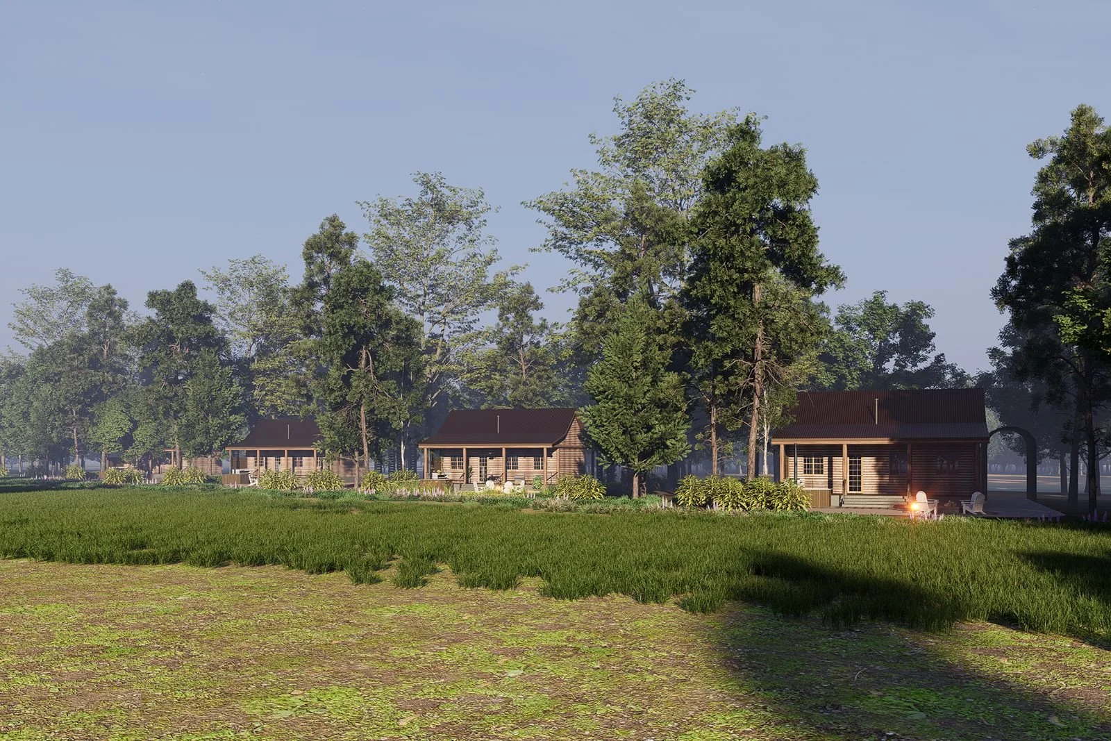 Rendering of three wooden cabins with dark roofs, surrounded by tall trees and greenery, with a grassy field in the foreground and a clear blue sky above.
