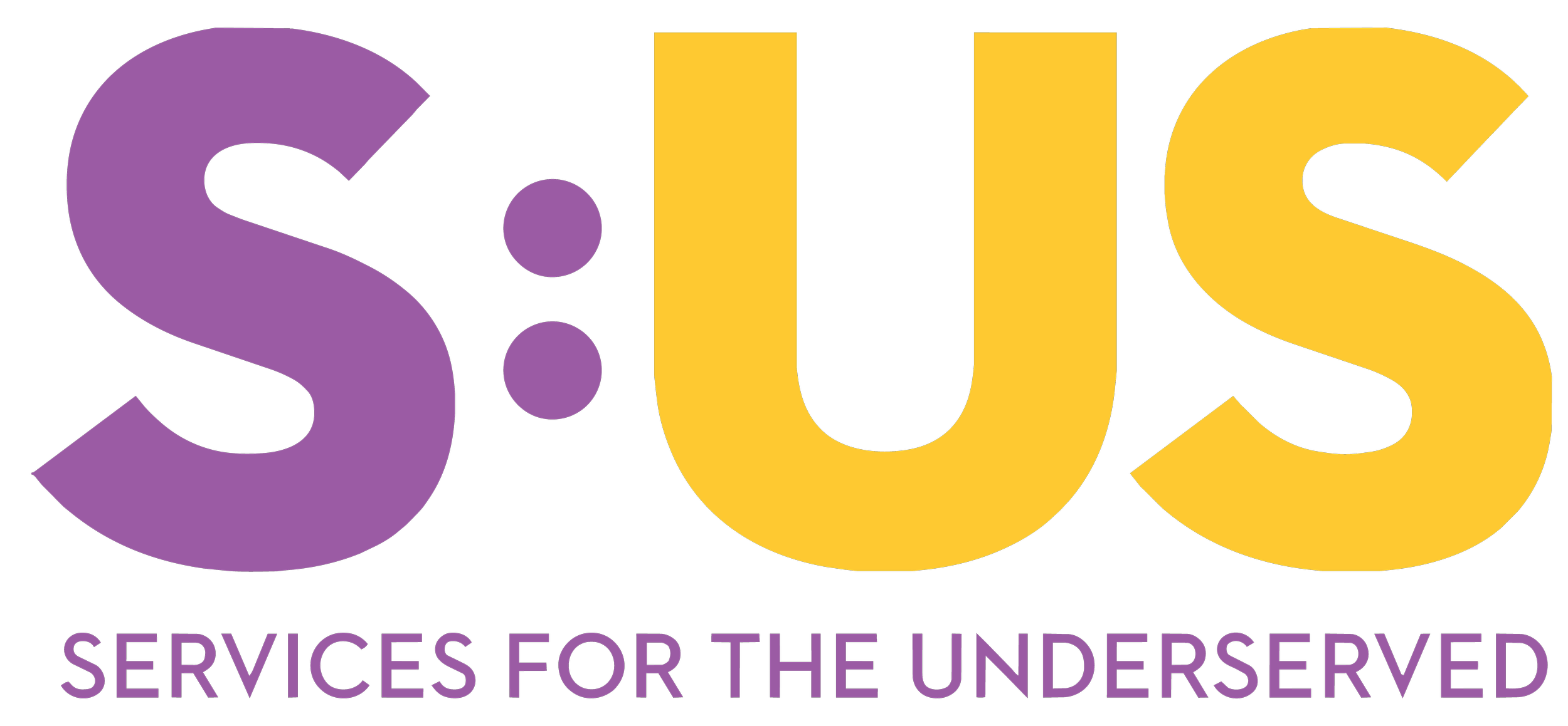 Logo with large purple and yellow text reading 'S:US' and smaller purple text underneath saying 'Services for the Underserved' on a black background.