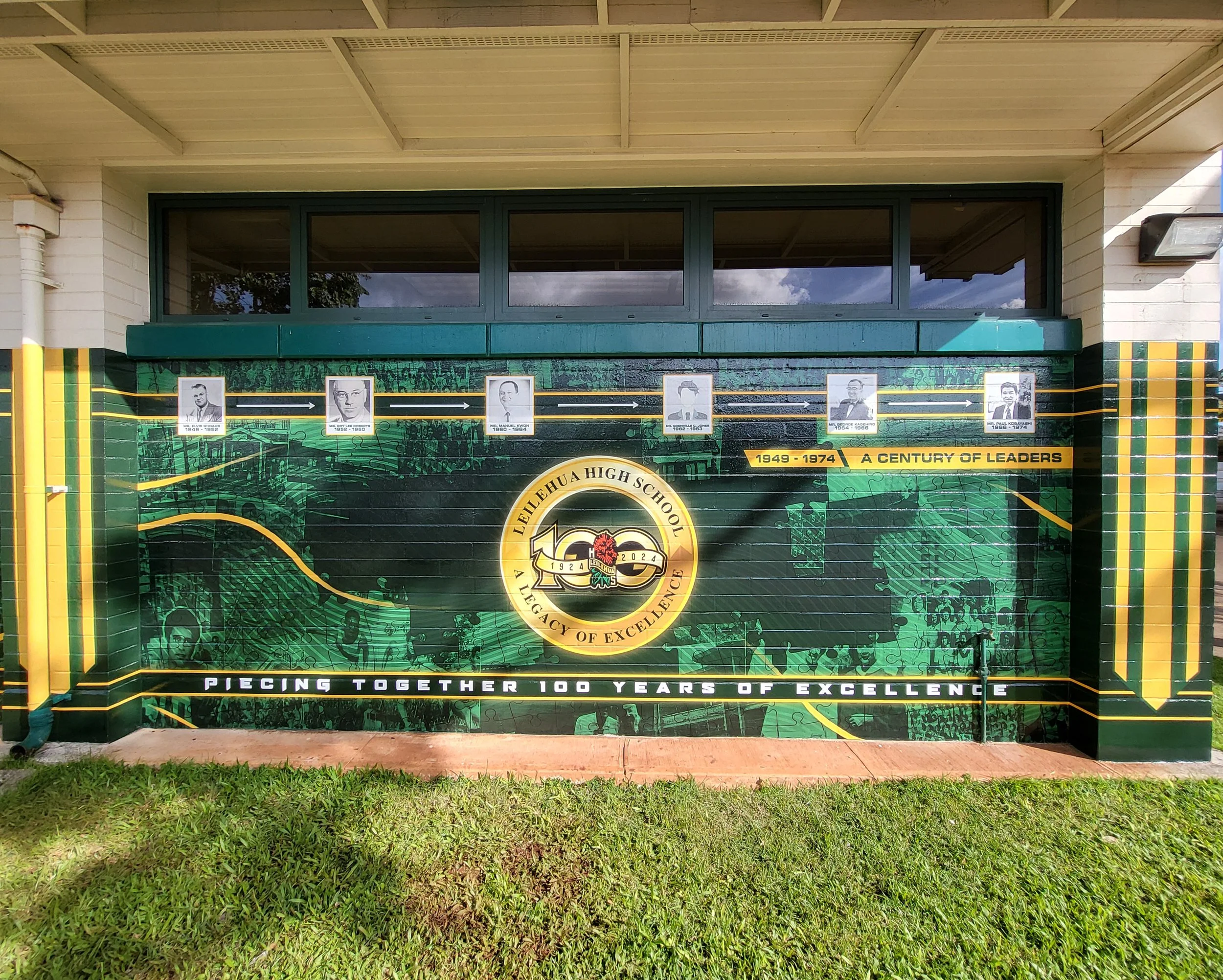 A mural on a wall showing portraits of several leaders, with their names and dates, linked by arrows, and a large badge with the numbers 100 in the center, celebrating 100 years of legacy and excellence from 1924 to 2024. The mural has the text "Lele