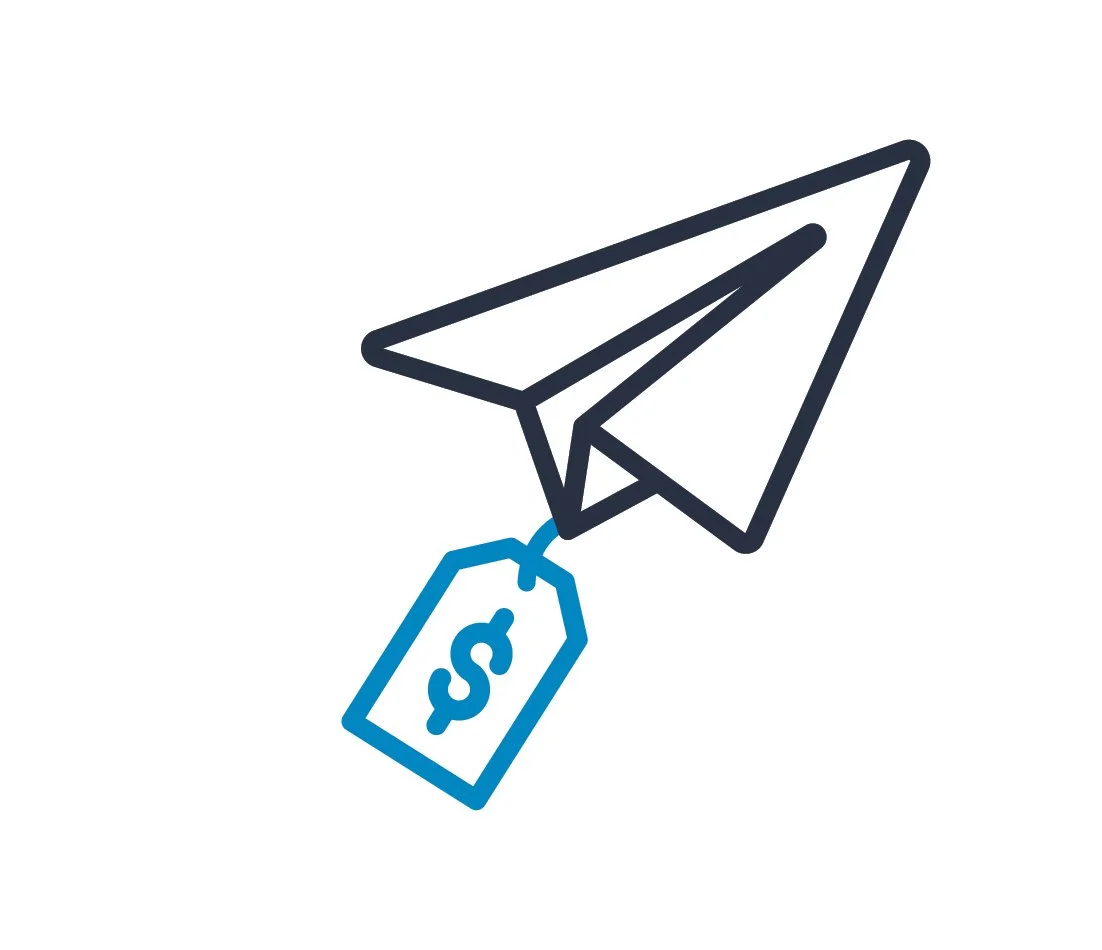 Outline of a paper airplane with a blue price tag featuring a dollar sign attached to it.