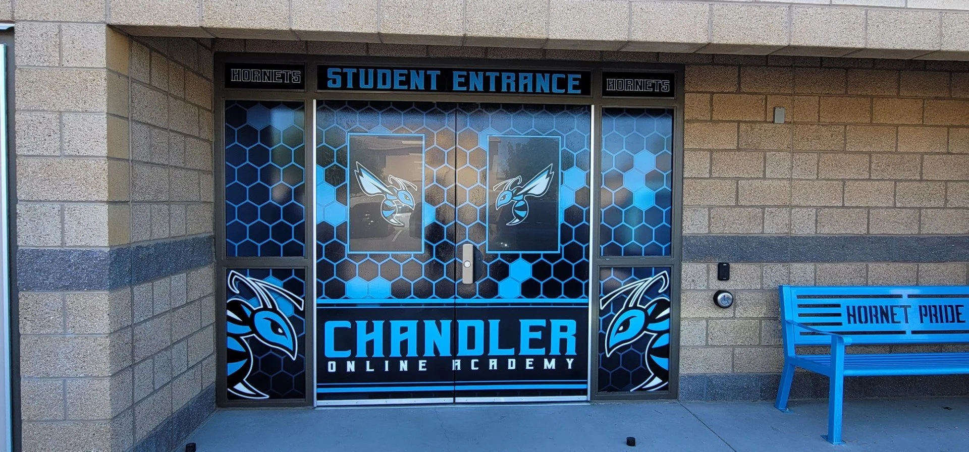 School entrance door with signs for Hornets and Chandler Online Academy, featuring hornet graphics and blue hexagonal patterns, alongside a blue bench labeled 'Hornet Pride' outside.