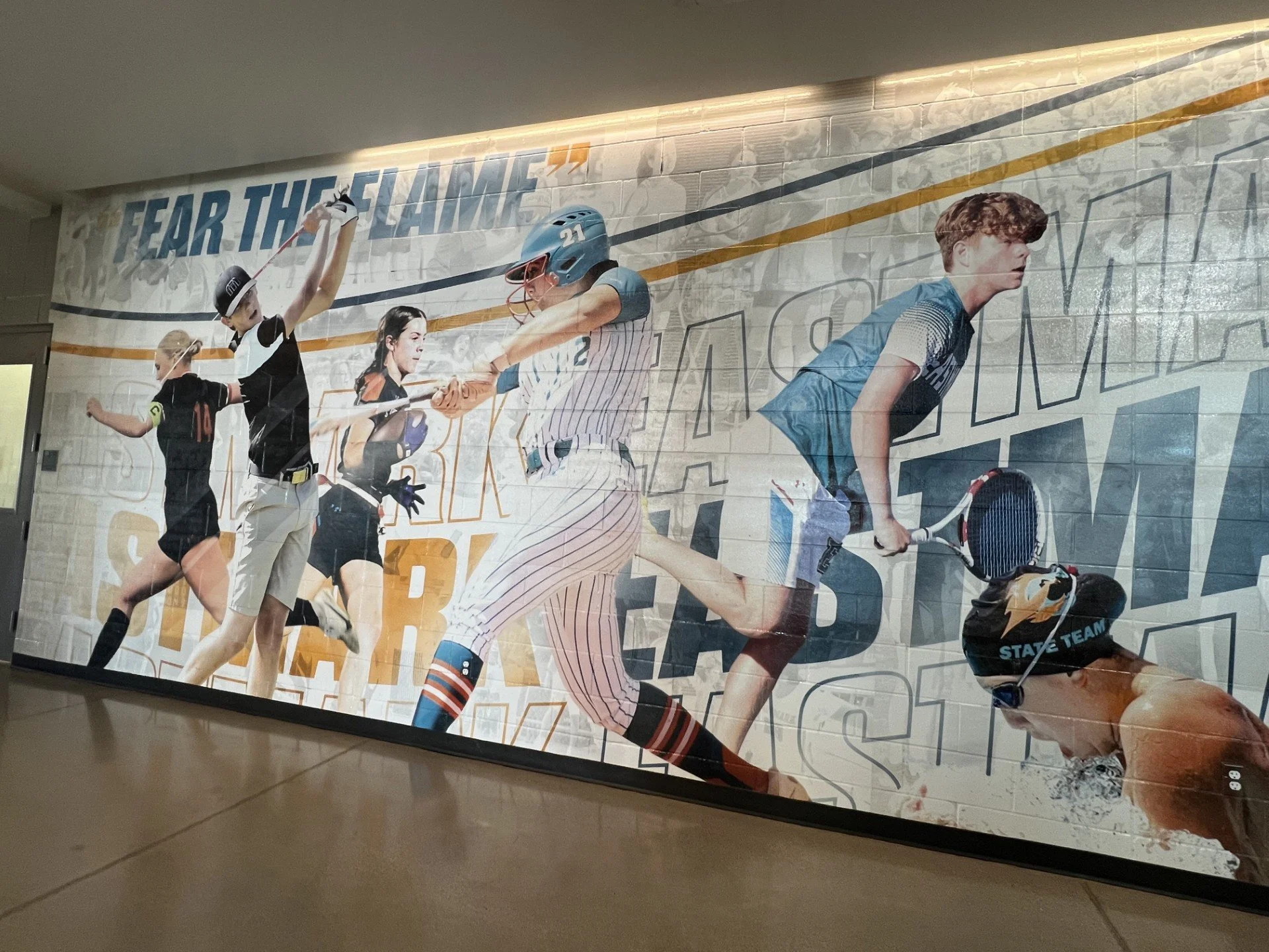 A large poster featuring young children playing baseball, with one boy wearing a helmet swinging a bat and others running and playing.
