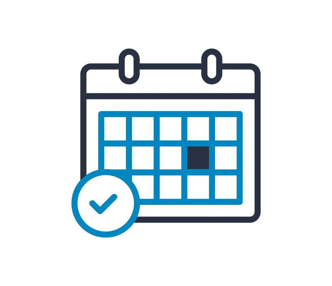 Calendar with a checkmark indicating a scheduled date or event.