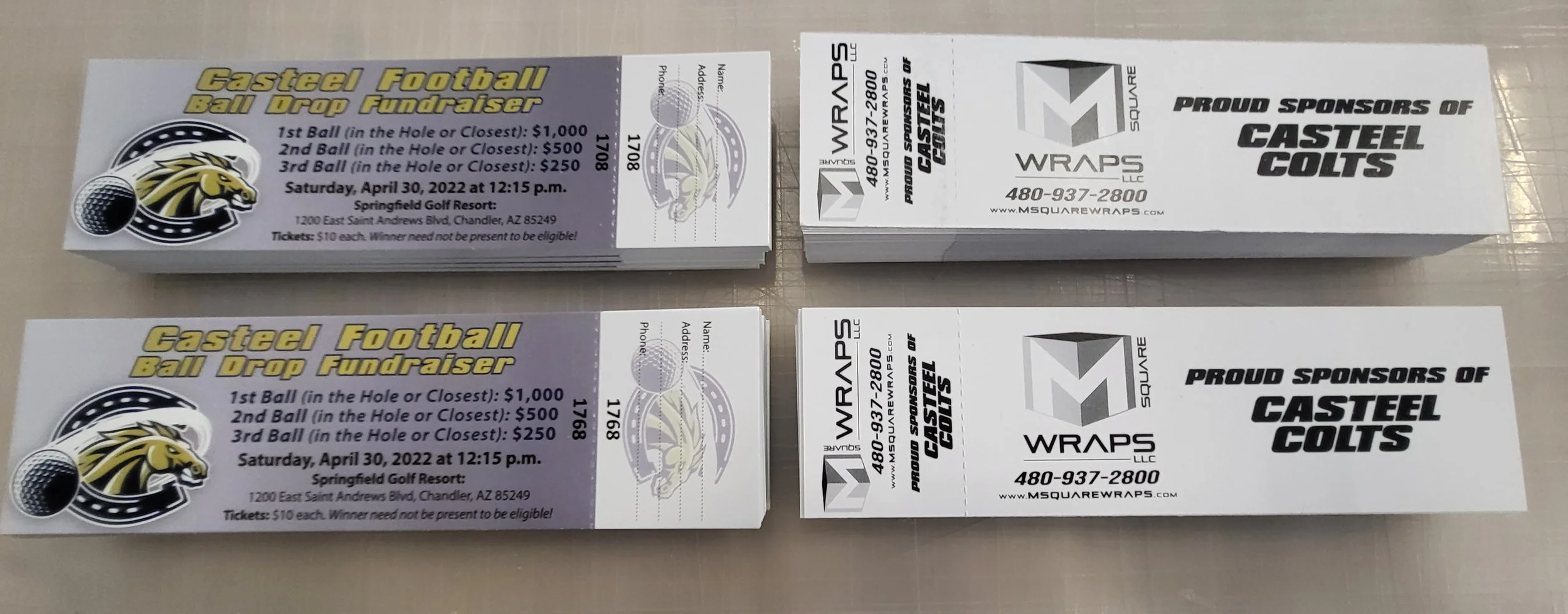 Multiple tickets for a football fundraiser event with a logo of a horse's head and a football, event details, and sponsor information.