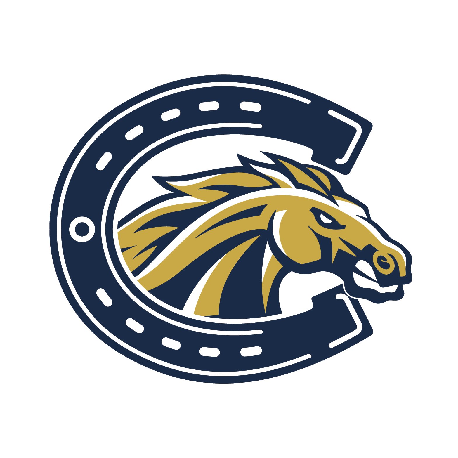 Logo of a horse's head within a partial circle resembling a horseshoe, in navy blue and gold colors.