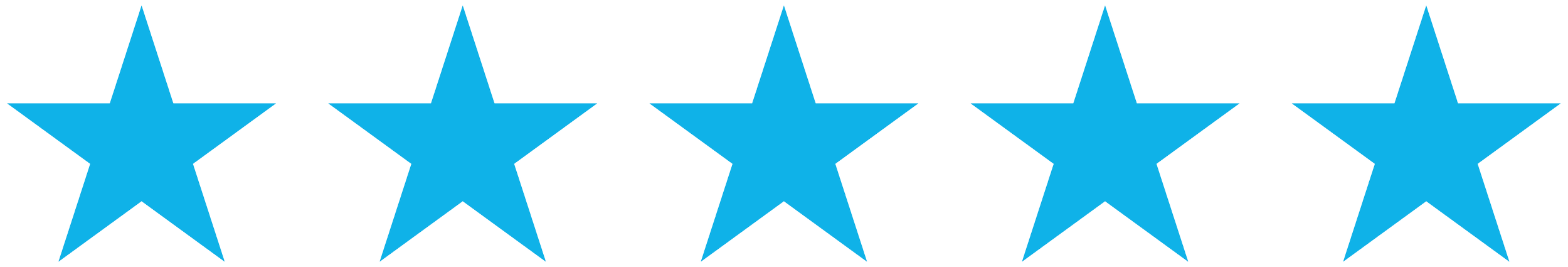 Five blue stars aligned in a row on a transparent background