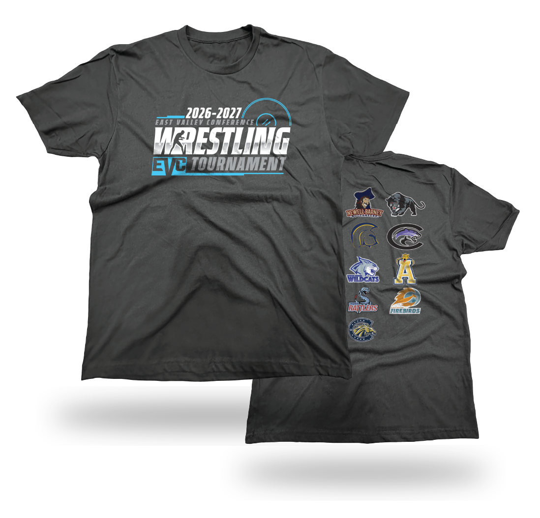 Two dark gray T-shirts with wrestling and sports team logos and text for the 2026-2027 East Valley Conference tournament.