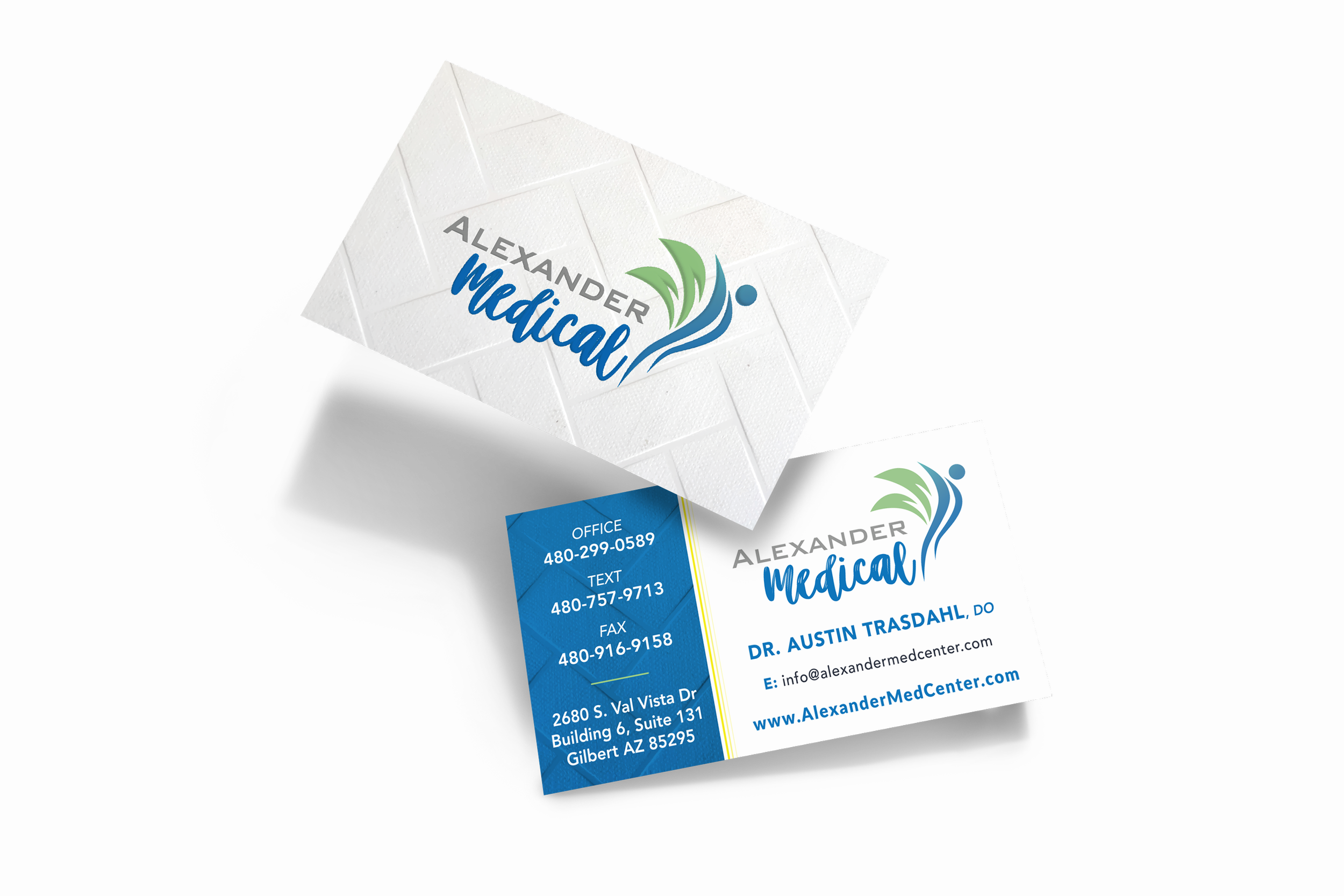 Business cards for Alexander Medical with contact details and logo, featuring a white and blue color scheme and a stylized graphic with green and blue waves.