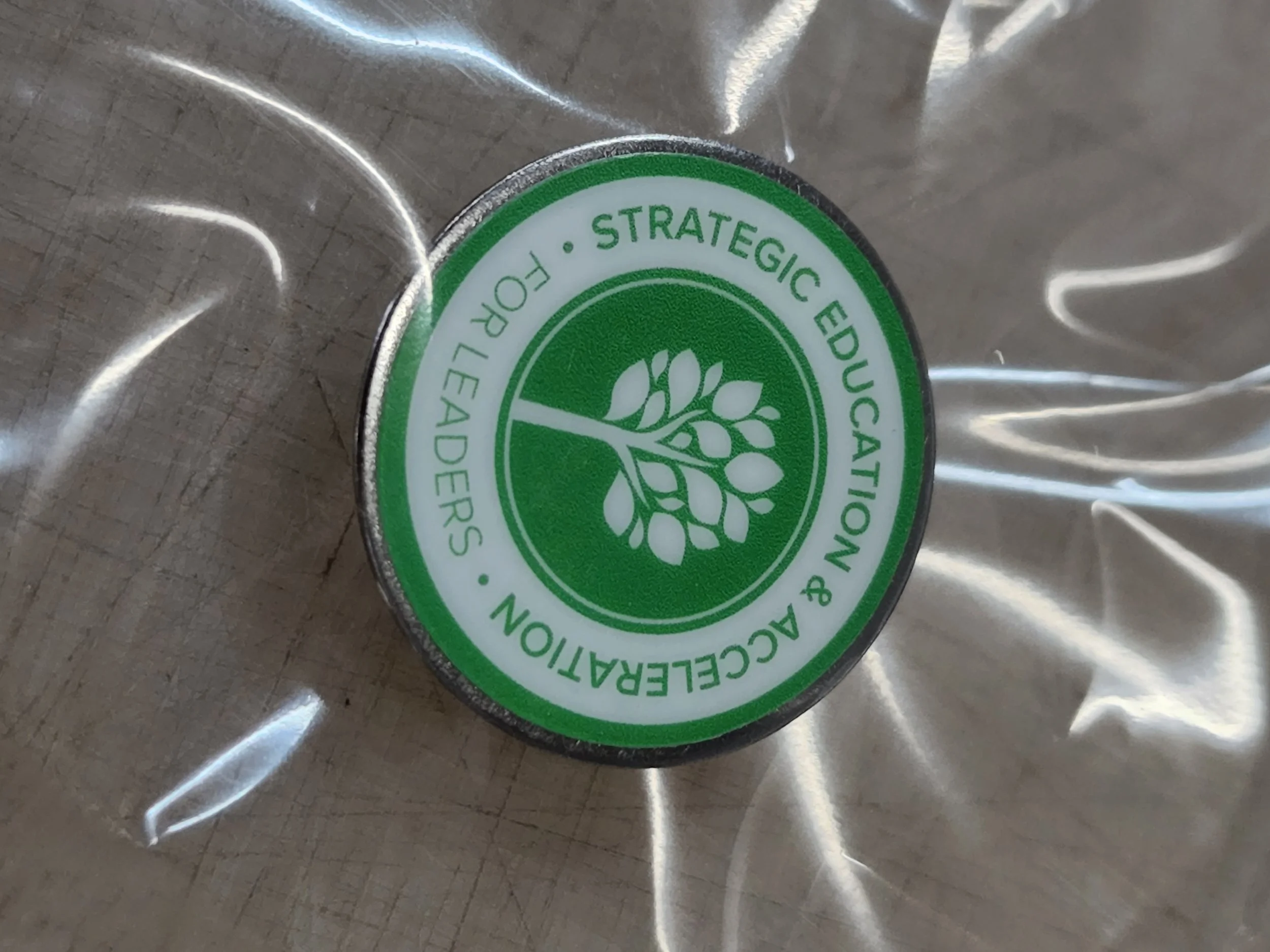 Close-up of a circular sticker with green and white colors on a metallic surface, featuring a tree icon and the words 'Strategic Education' around the circle.