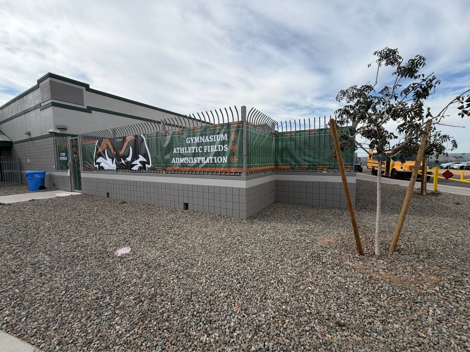 School building with a sign reading 'Gymnasium Athletic Fields Administration' and a large feline mascot logo, a small tree with supportive stakes, and a gravel yard.