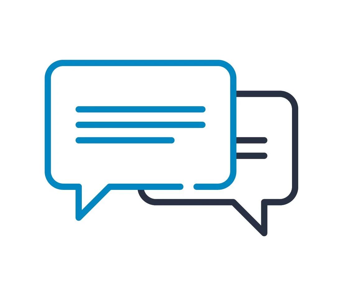 Two overlapping speech bubbles, one blue and one black, with lines indicating conversation.