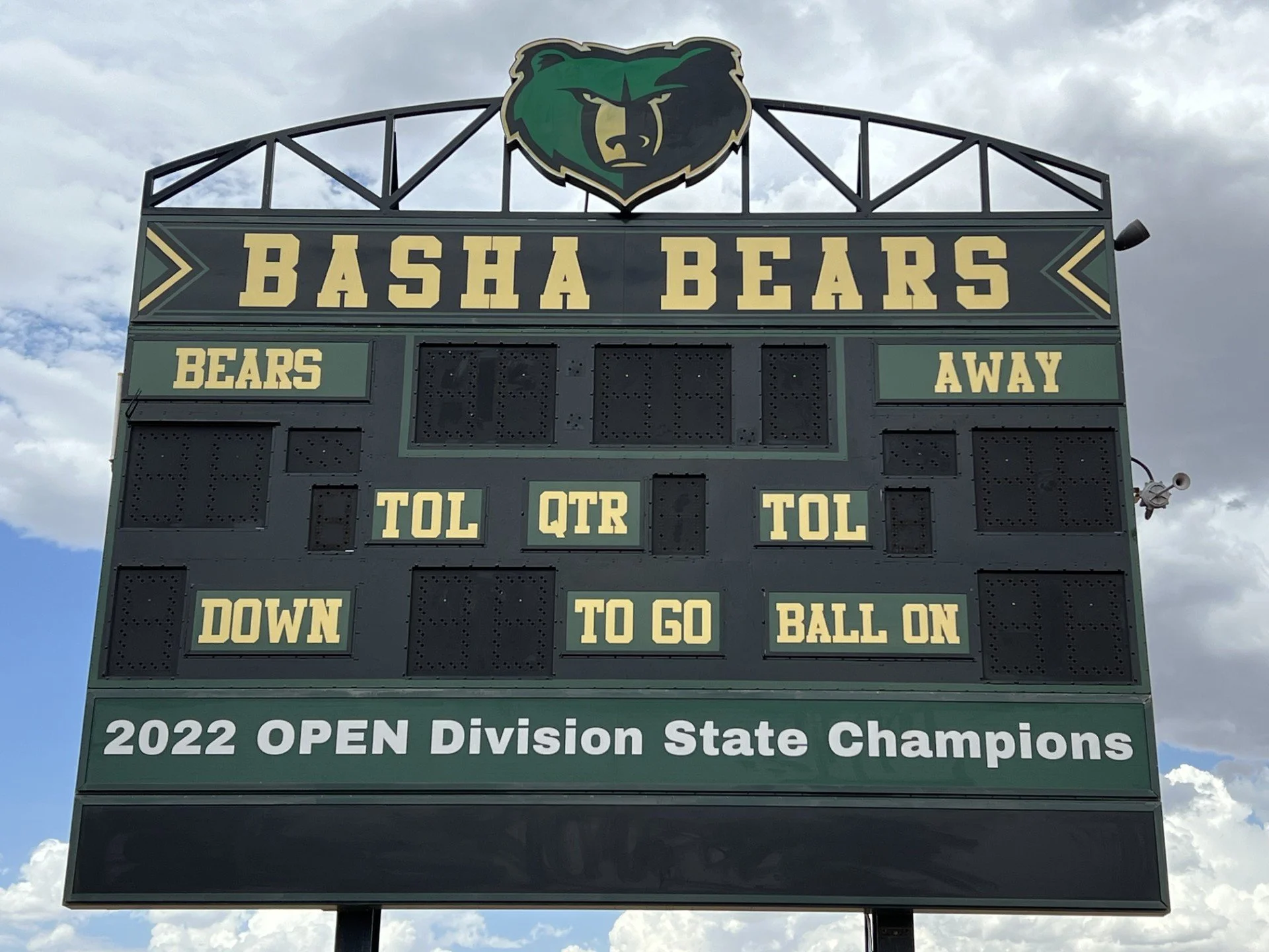 Scoreboard at Basha Bears football game with the team name, score, and game details displayed, including the text '2022 OPEN Division State Champions' at the bottom.