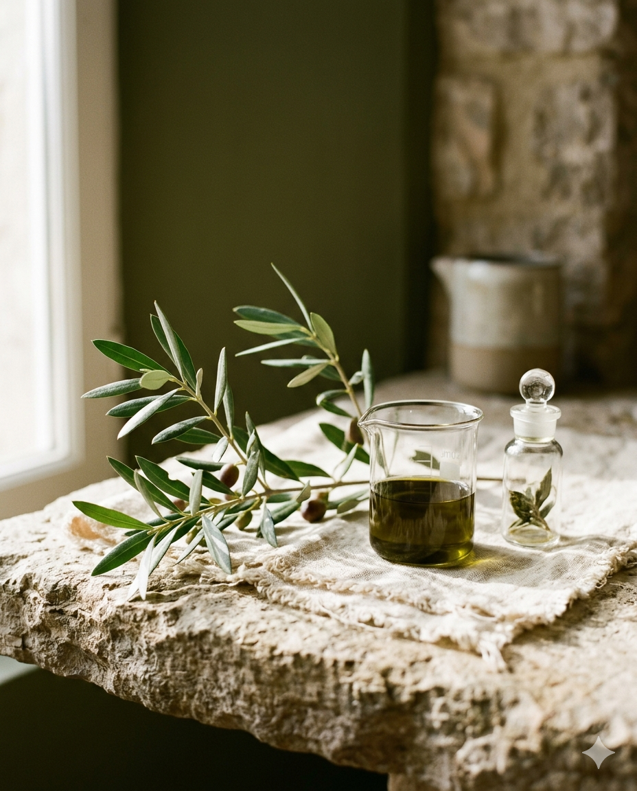 Aceite de oliva en un vaso medidor, ramas de olivo, y frascos en una mesa de piedra rústica.