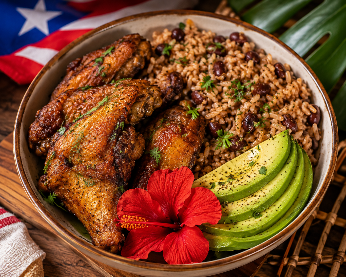 Puerto Rican Rice and Beans with Chicken Wings and Avocado