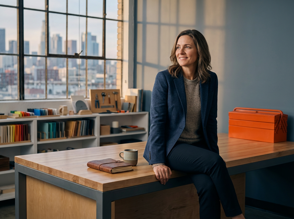 A woman in a navy blazer sitting on a wooden desk in an office, with books and tools on shelves behind her, and a city skyline visible through large windows.
