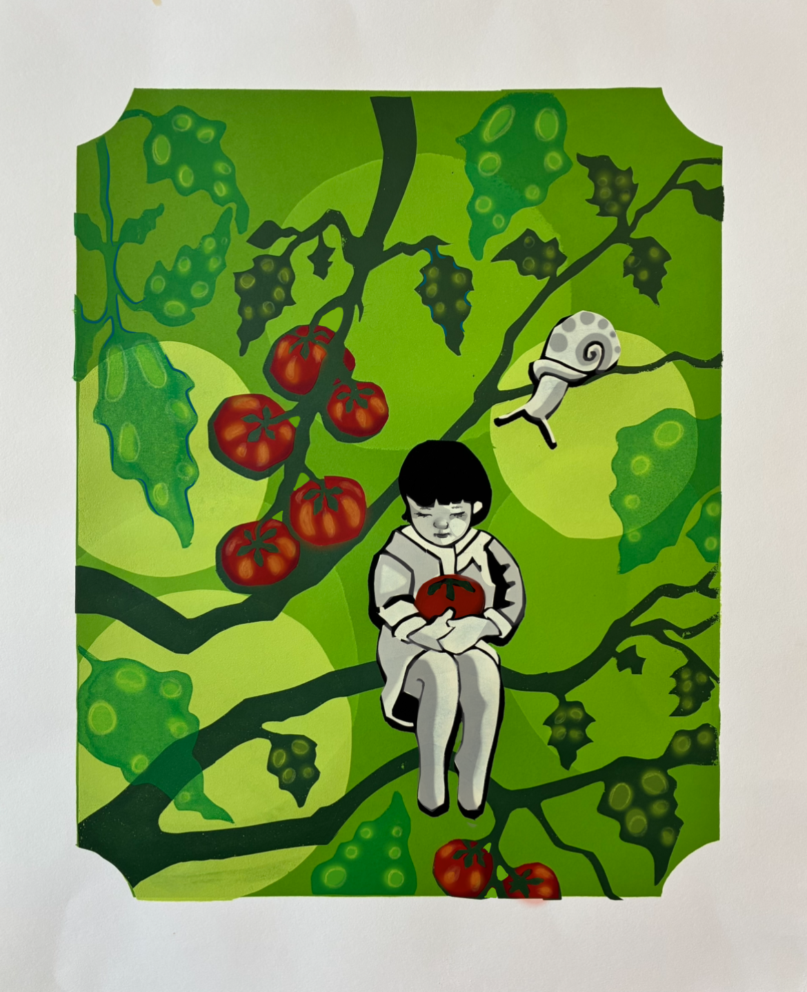 Tomato Thief, 15x19", stencil-only screenprint, 2025