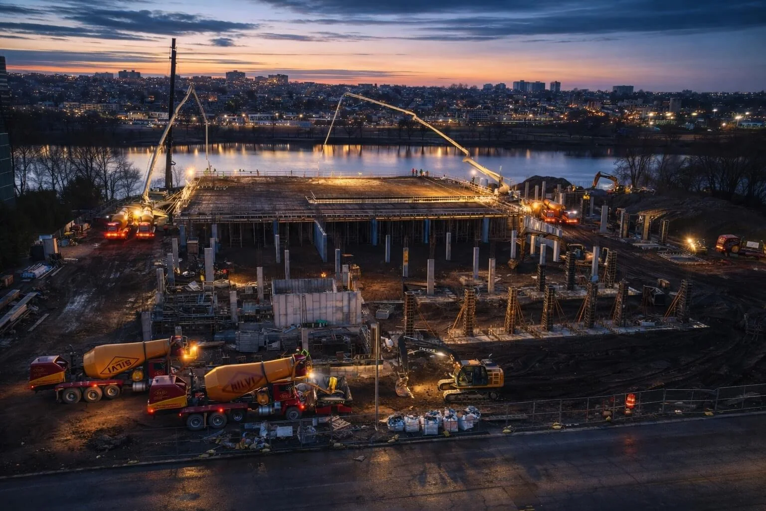 Nighttime construction site near a river with ongoing building work, concrete mixers, and construction equipment.