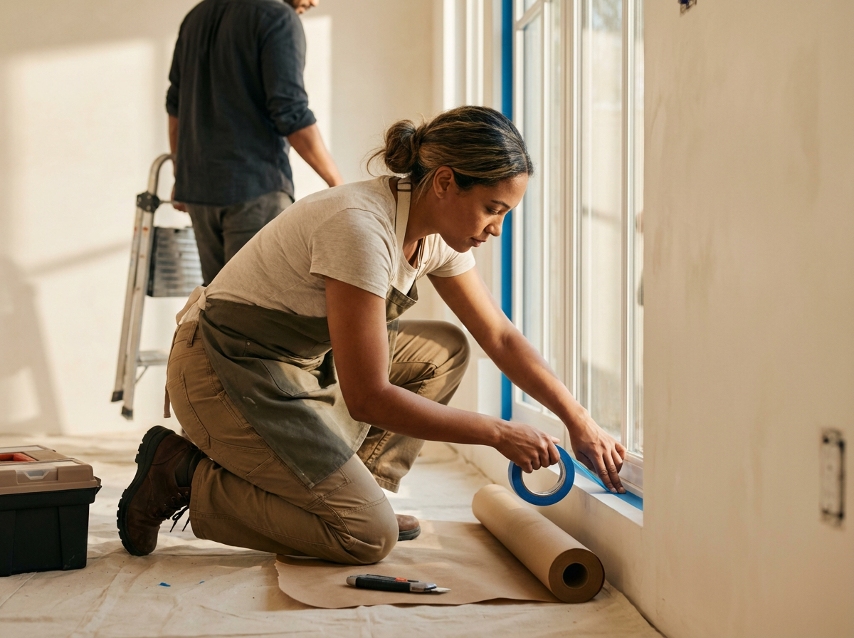 A woman kneeling on the floor, installing a new window by applying painter's tape along the edges, while a man in the background is preparing tools.