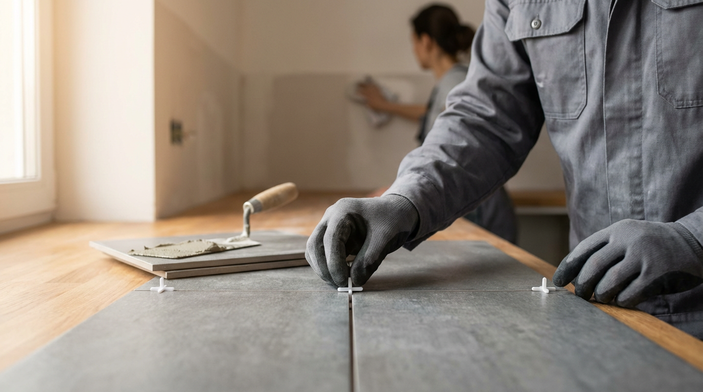 Person laying gray tile using spacers on a wooden floor with a trowel nearby, in a sunny room.