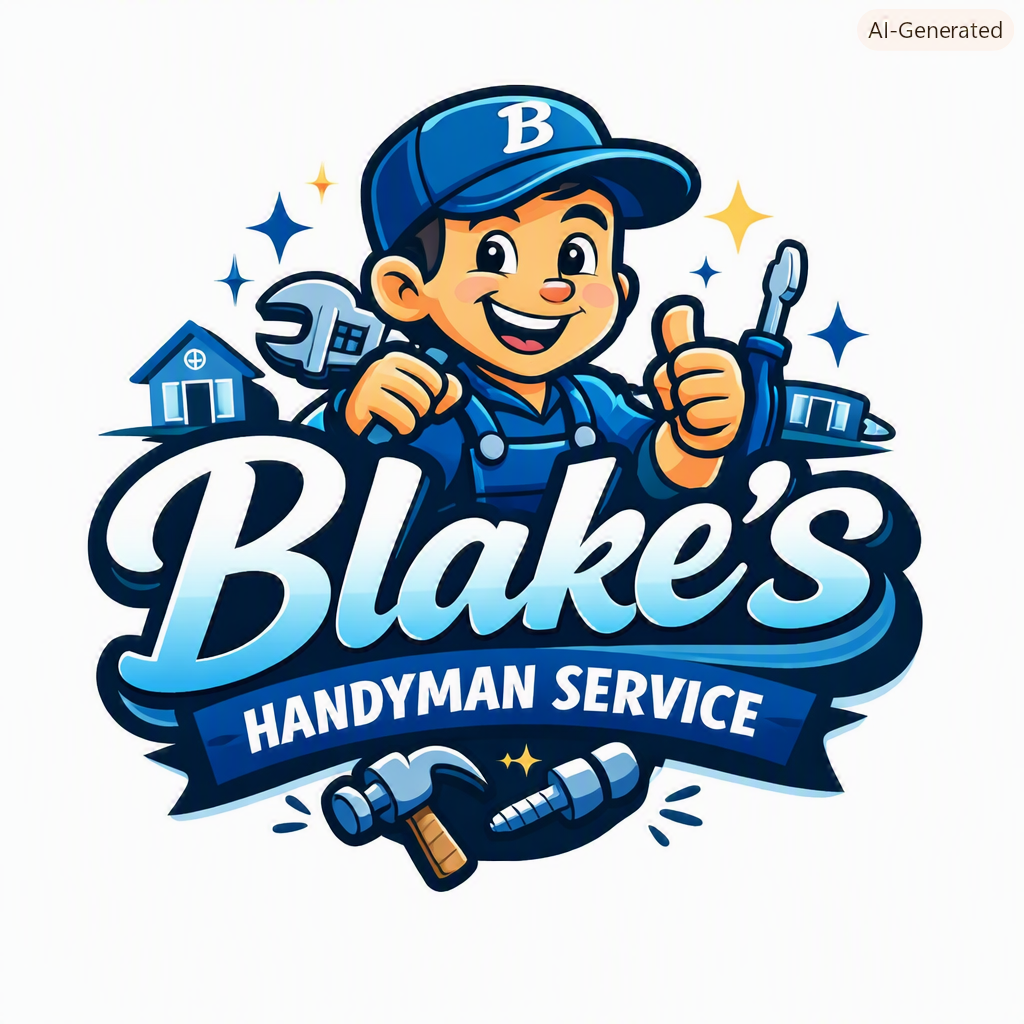 Logo for Blake's Handyman Service featuring a smiling cartoon handyman with a wrench and screwdriver, blue cap with 'B,' house icons, and tools, with the business name prominently displayed.