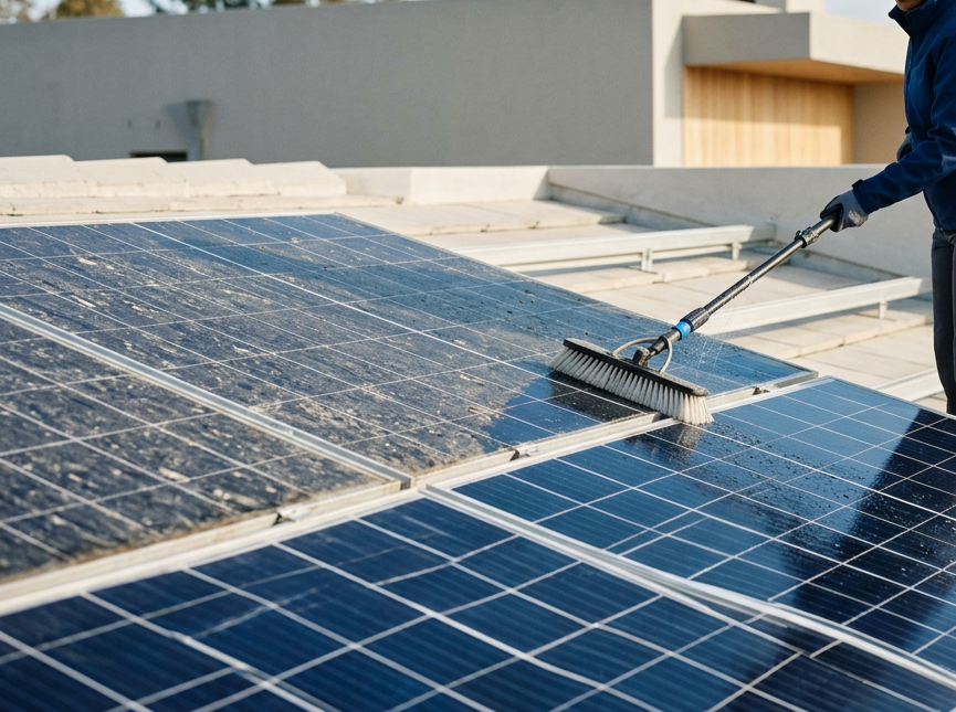 Person cleaning solar panels on a rooftop with a brush.