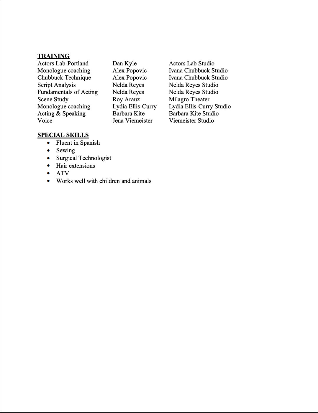 Resume listing theater training, special skills, and acting studio information.