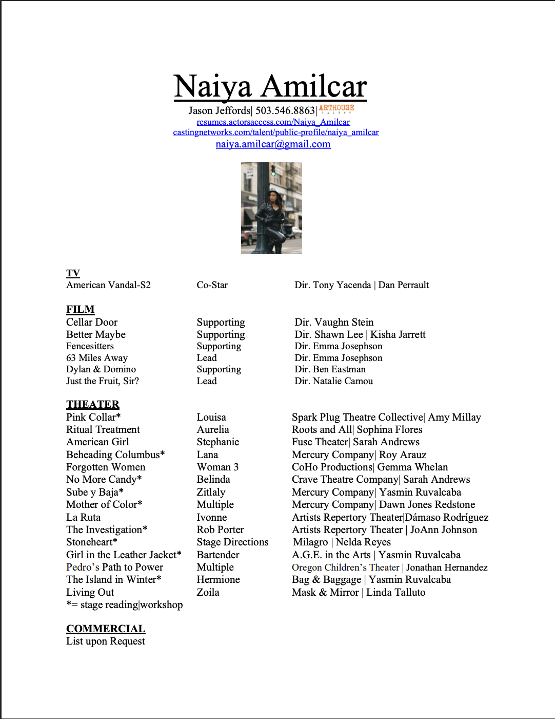 A resume featuring the name Naiya Amilcar, with contact information, a headshot photo, and details about acting roles in TV, film, theater, and commercials.