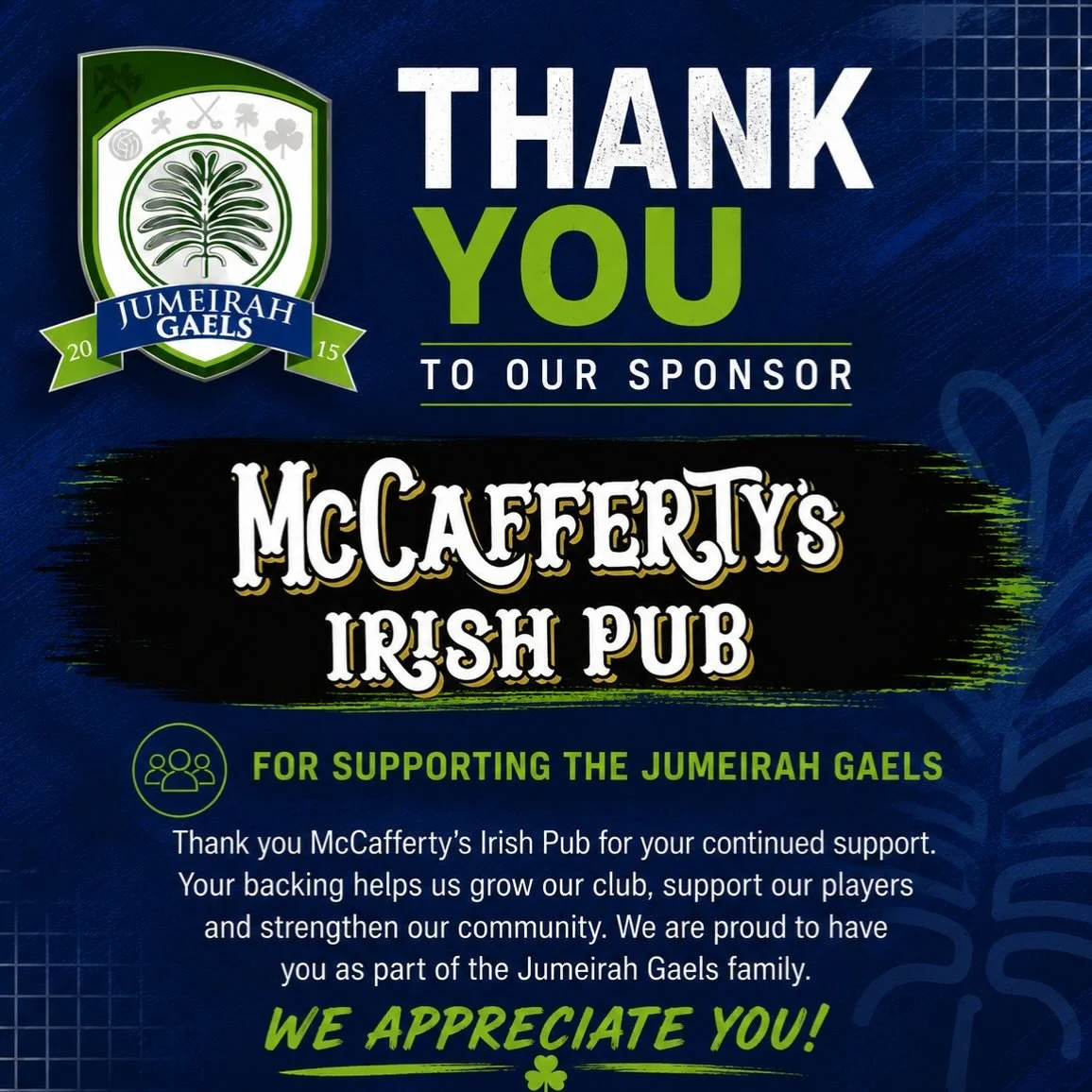 A huge thank you to @mccaffertysjvc for your continued support of Jumeirah Gaels.
Your sponsorship plays an important role in helping our club grow, supporting our players, volunteers and members while promoting GAA across the UAE. We&rsquo;re incred
