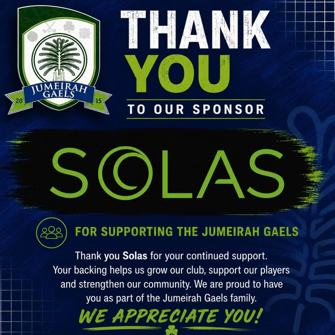 A huge thank you to @solasmiddleeast for your continued support of Jumeirah Gaels.
Your sponsorship plays an important role in helping our club grow, supporting our players, volunteers and members while promoting GAA across the UAE. We&rsquo;re incre