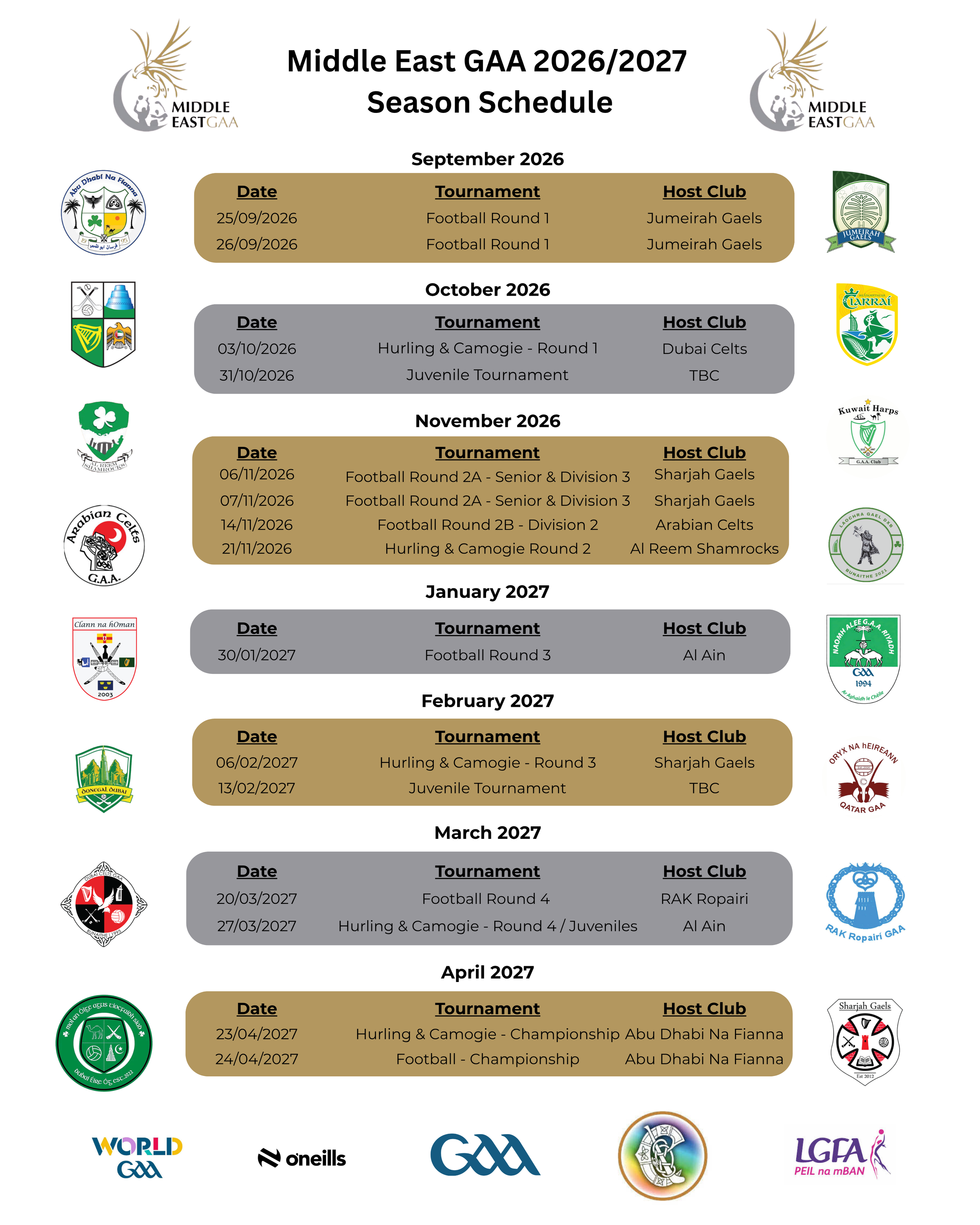 Middle East GAA 2026/27 Schedule – Gaelic Football, Hurling &amp; Camogie
