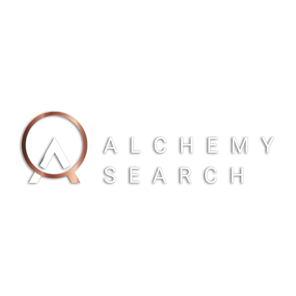 The image shows the logo of Alchemy Search, featuring a stylized letter 'A' inside a magnifying glass icon, with the company name on a black background.