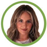 Portrait of a young woman with long, wavy blonde hair, smiling, with a white top and a green circular border.