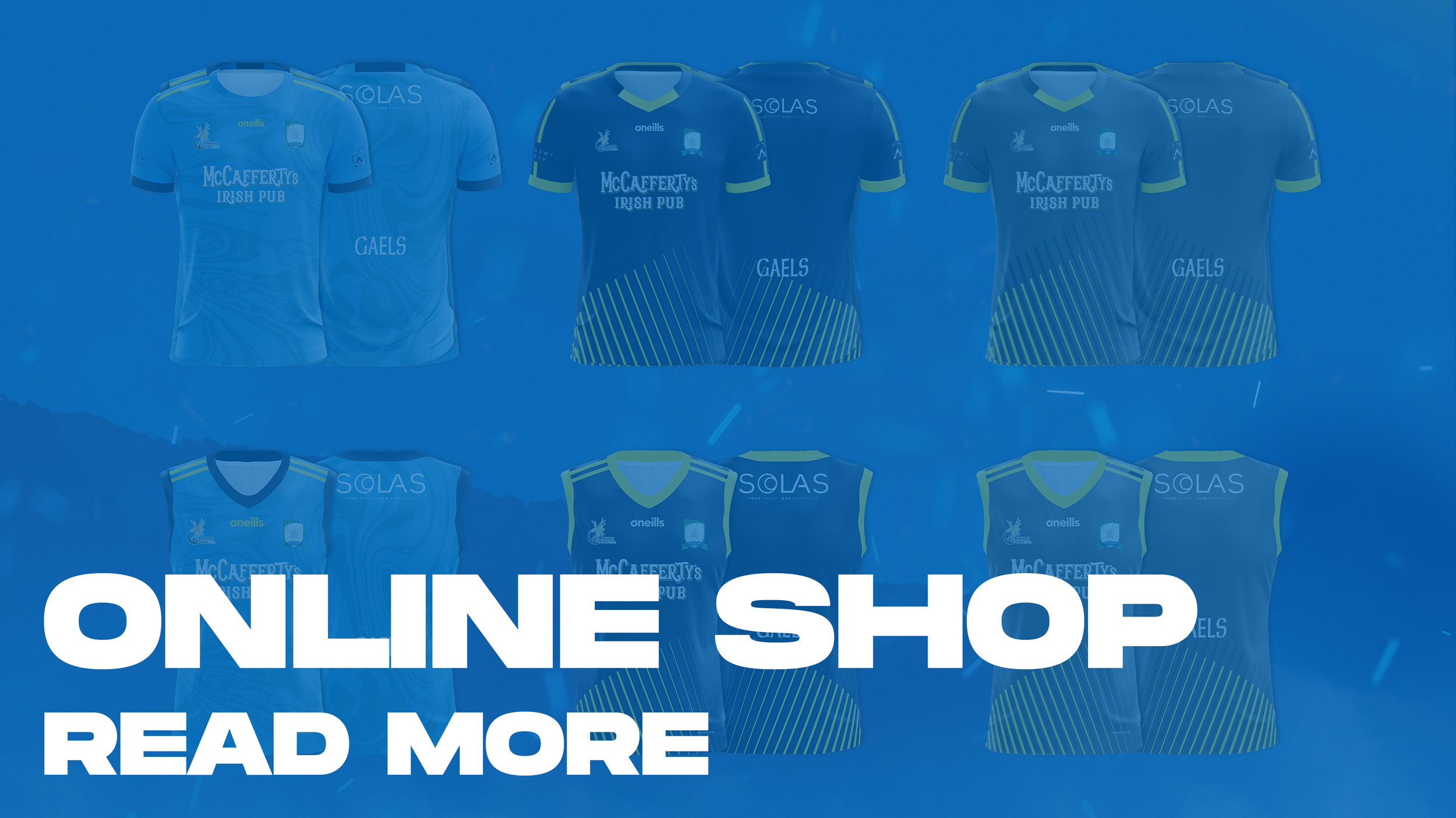 A display of blue sports jerseys with yellow accents, showcasing the team logo, sponsorships, and design, with large white text overlay advertising an online shop.