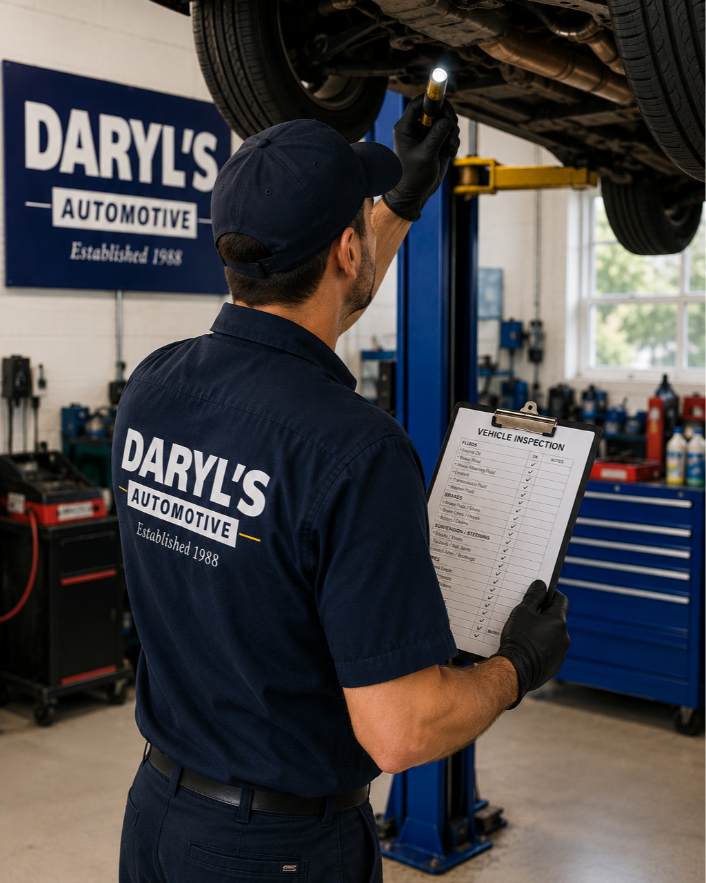 A mechanic inspecting a vehicle's underside at Daryl's Automotive, holding a vehicle inspection checklist.