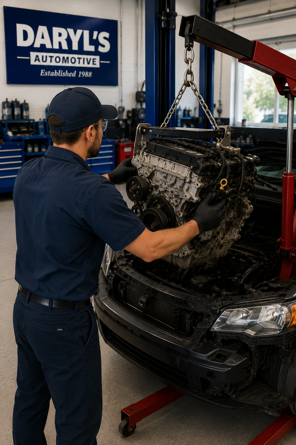 A mechanic in navy uniform and cap installs a car engine overhead hoist in an auto repair shop named Daryl's Automotive.