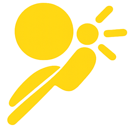 Yellow stylized figure in a running or walking pose with a large circle for a head and smaller circles indicating motion or energy.