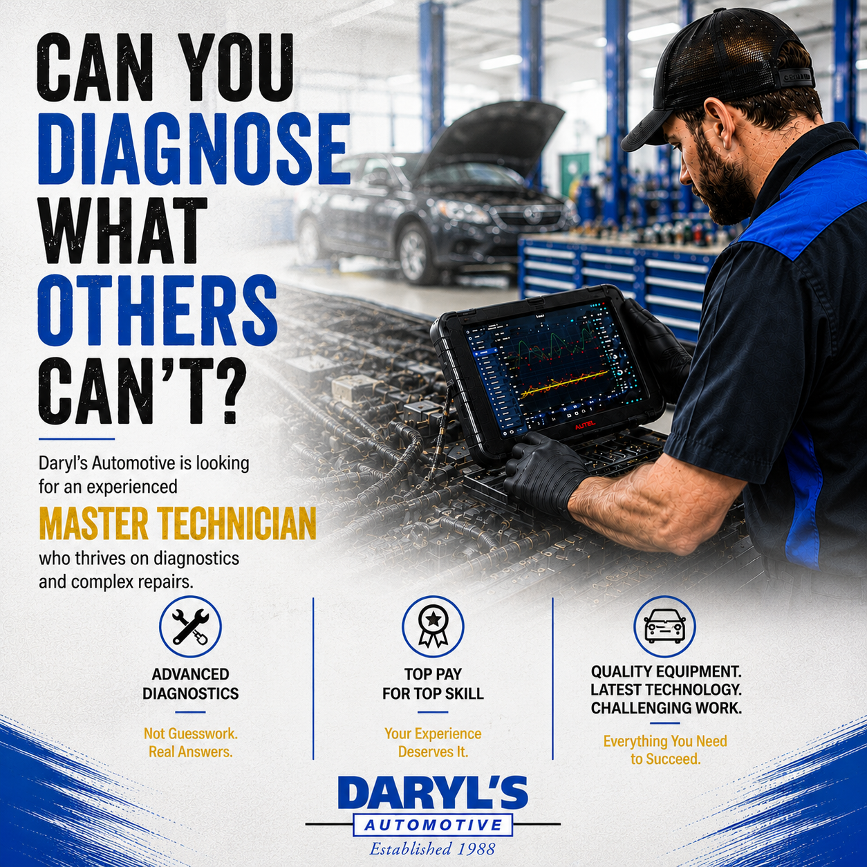 An automotive technician inspects a car engine with diagnostic equipment in a workshop. The image highlights a promotional message for Daryl's Automotive, emphasizing skilled diagnostics and repairs, with a focus on the importance of experienced master technicians.