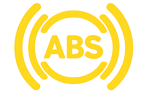Yellow ABS symbol with concentric circles radiating outward on a black background.