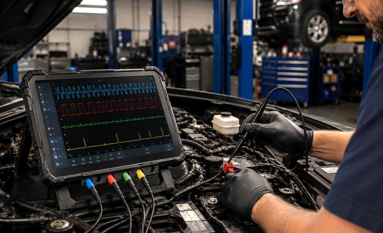 A mechanic wearing black gloves uses a diagnostic tool connected to a car engine while monitoring multiple colorful graphs on a portable screen in a car repair workshop.