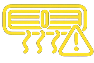 Yellow neon sign depicting a heater with three wavy lines representing heat and a warning triangle with an exclamation mark