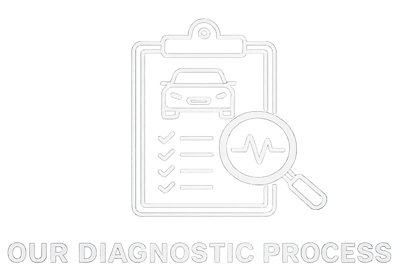 Outline of a car on a clipboard with a magnifying glass showing a heartbeat line, and the text 'Our Diagnostic Process' underneath.